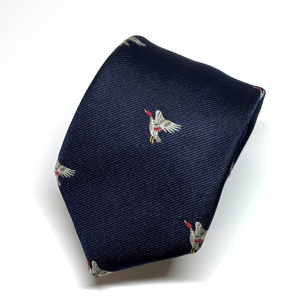 Silk Blend Tie Men OS Navy Blue Mallard Duck Embroidered Hunting Preppy Heritage